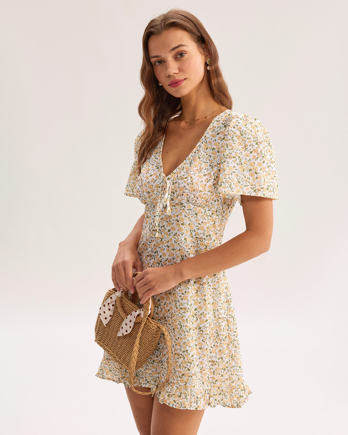 Floral V-Neck Mini Dress in Yellow
