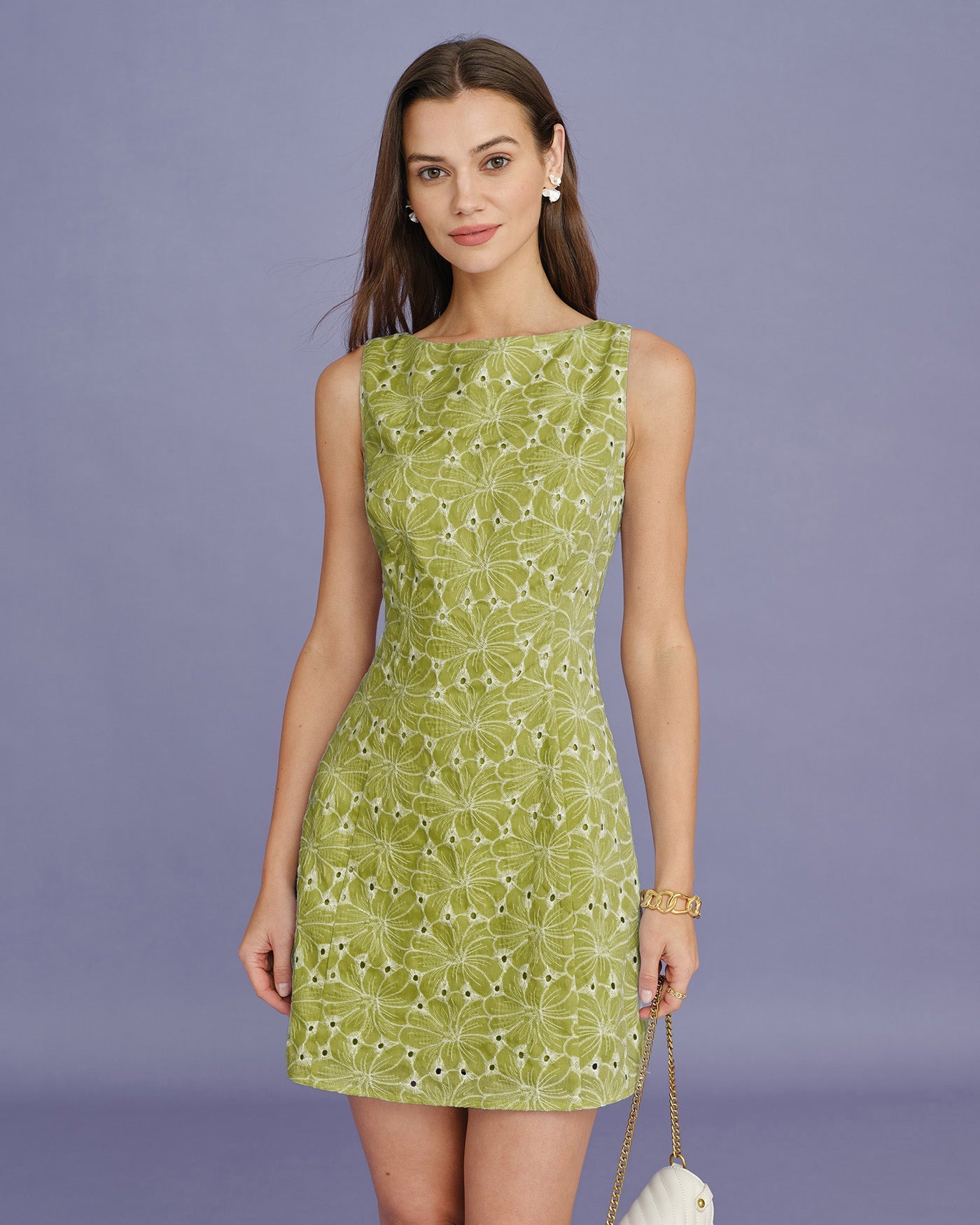 Embroidered Mini Dress with Green Boat Neck