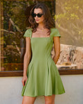 Green Square Neck Color-Block Mini Dress