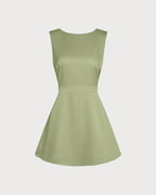 Emerald Boat Neck Satin Mini Dress with Pearl Accents