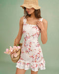Floral Print Square Neck Mini Dress with Button Details