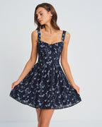 Navy Floral Mini Dress with Sweetheart Neckline