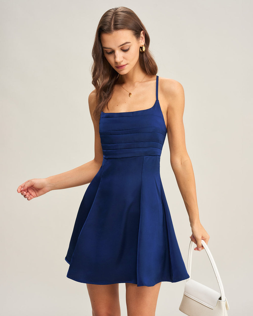 Navy Satin Pleated Mini Slip Dress