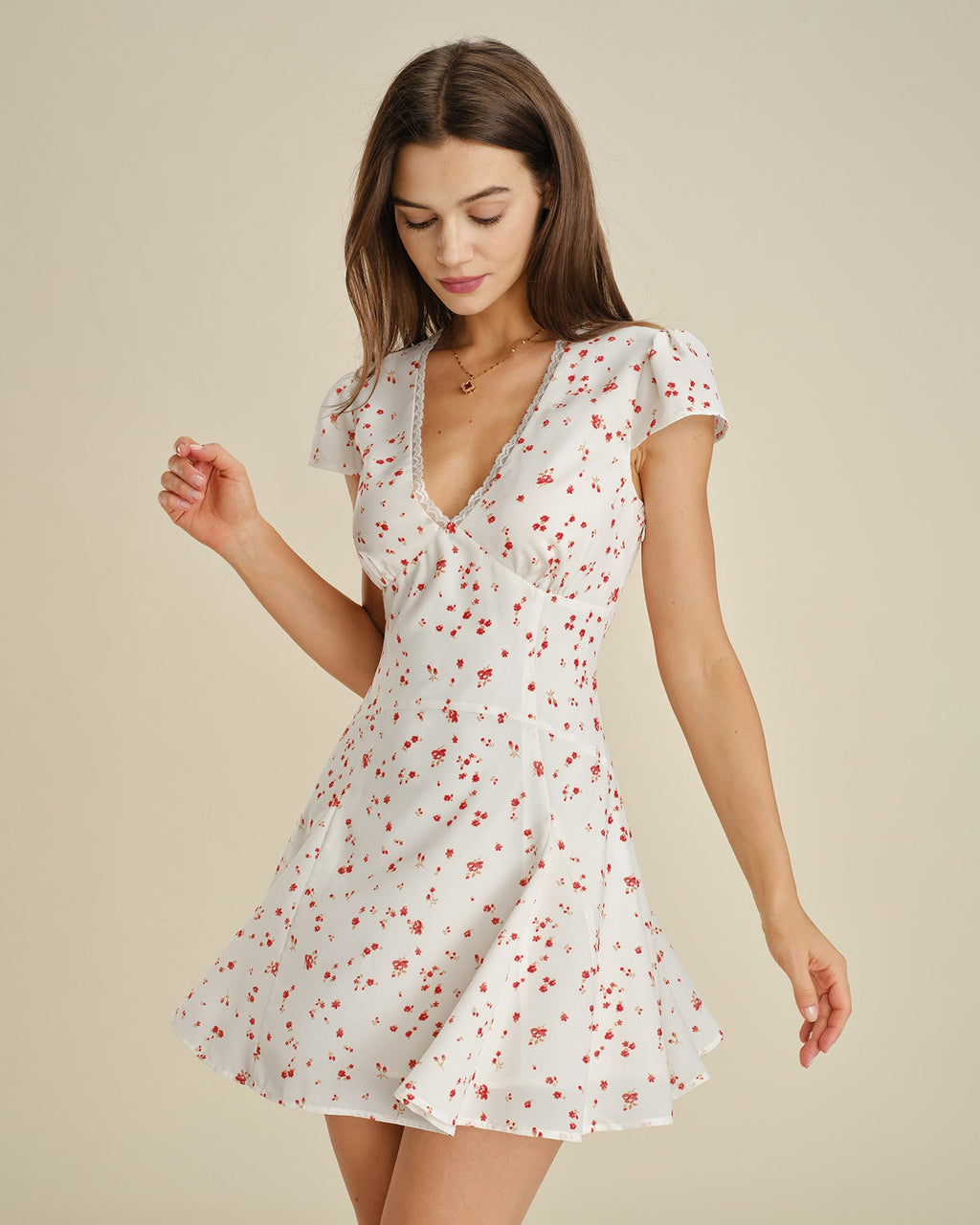Off-White Floral Lace V-Neck Mini Dress