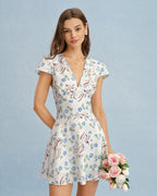 Floral V-Neck Mini Tunic Dress in Off White