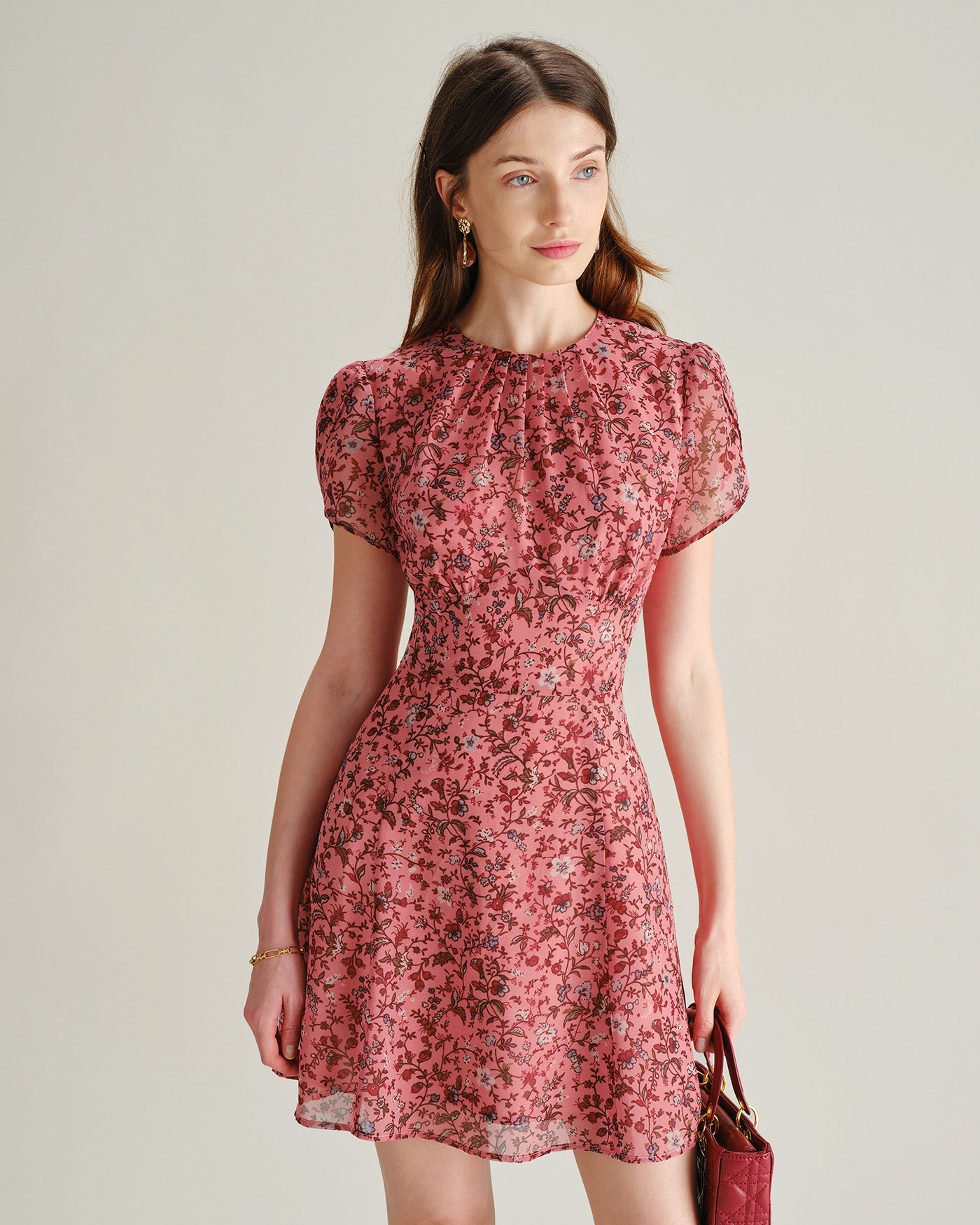 Floral Ruffle Chiffon Mini Dress in Pink