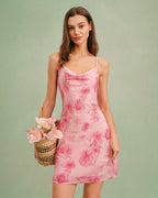 Floral Pink Cowl Neck Mini Slip Dress