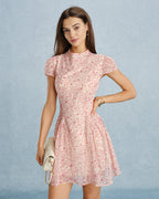 Floral Chiffon Mini Dress with Pink Mock Neck