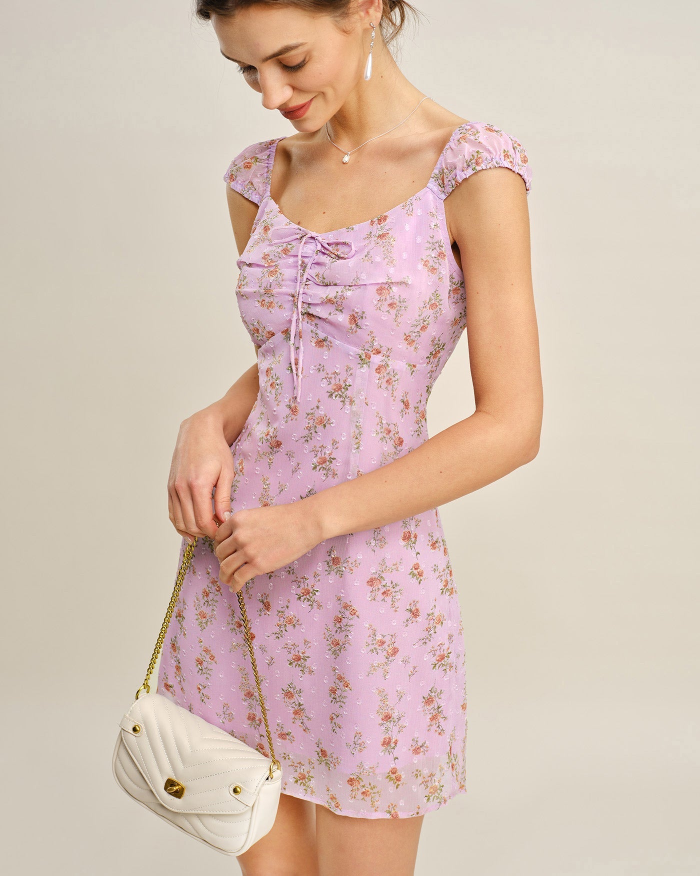 Jacquard Mini Dress with Purple Sweetheart Neckline