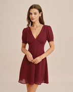 Red Mini Dress with V-Neck and Puffed Sleeves
