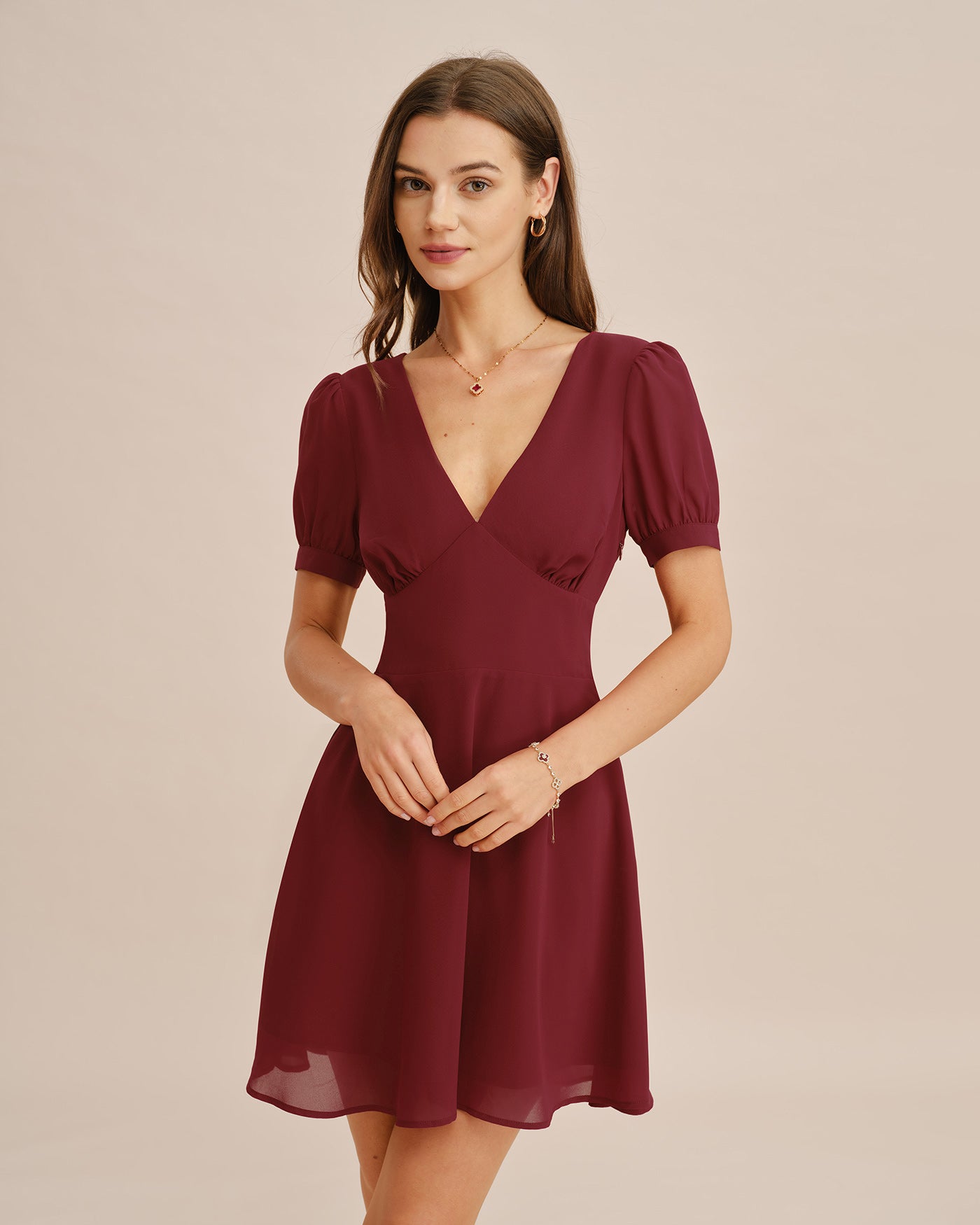 Red Mini Dress with V-Neck and Puffed Sleeves