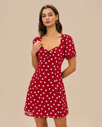 Polka Dot Mini Dress with Red Puffed Sleeves