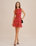 Floral Mini Dress with Red Boat Neck Design