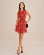 Floral Mini Dress with Red Boat Neck Design