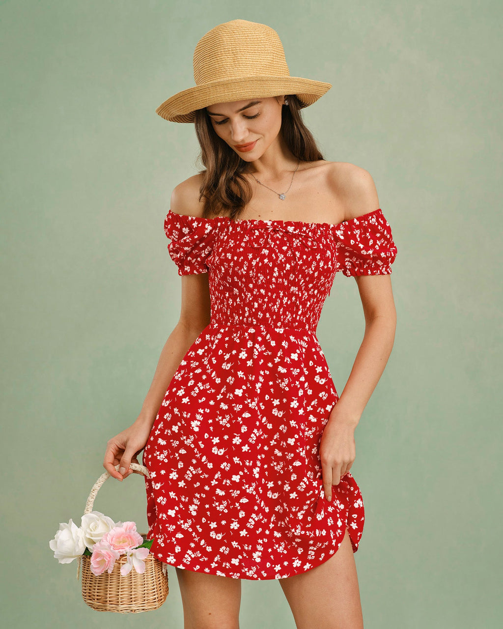 Floral Mini Dress with Red Square Neck