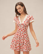 Floral Lace Mini Dress with Red V-Neck