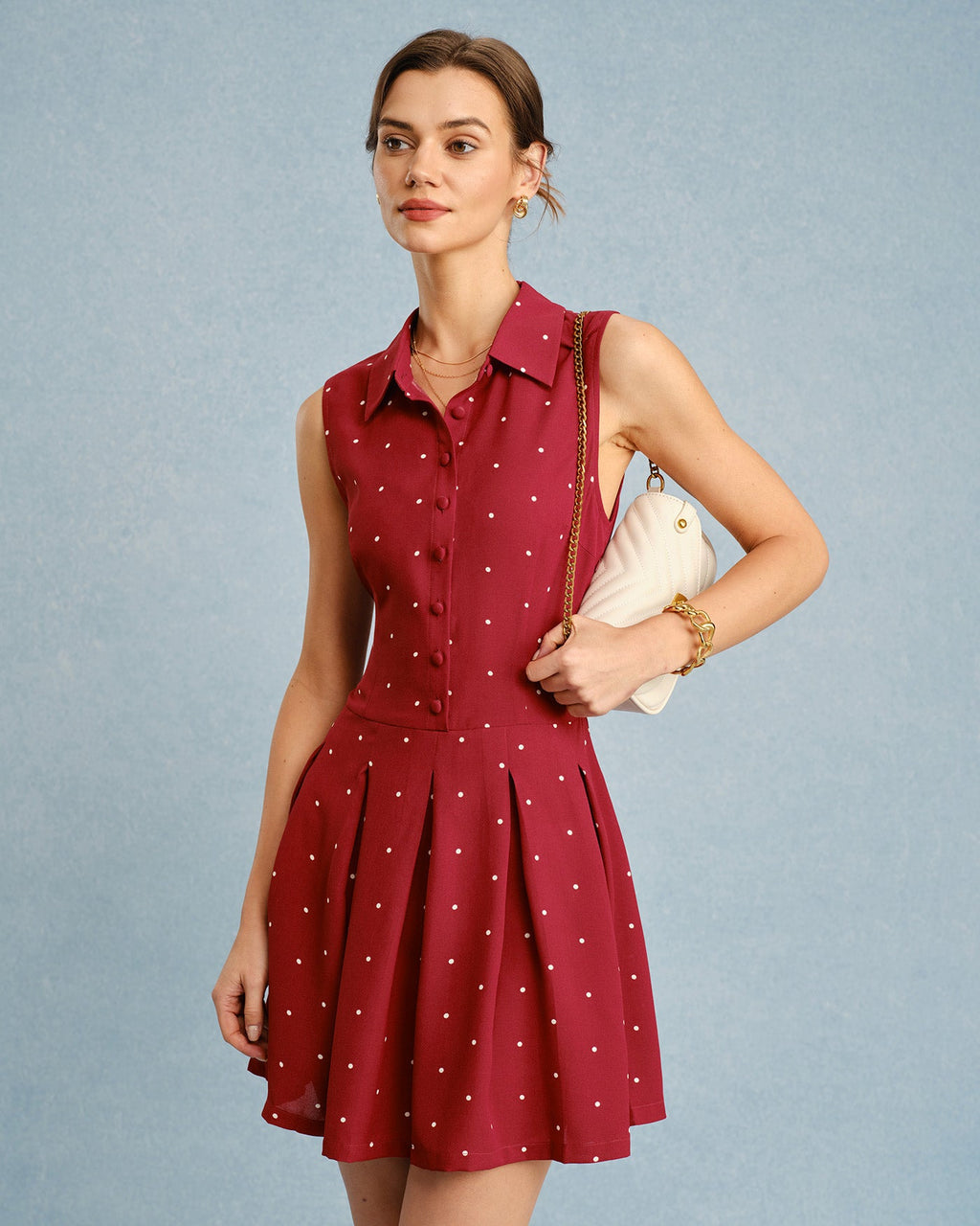 Polka Dot Mini Dress with Red Collar