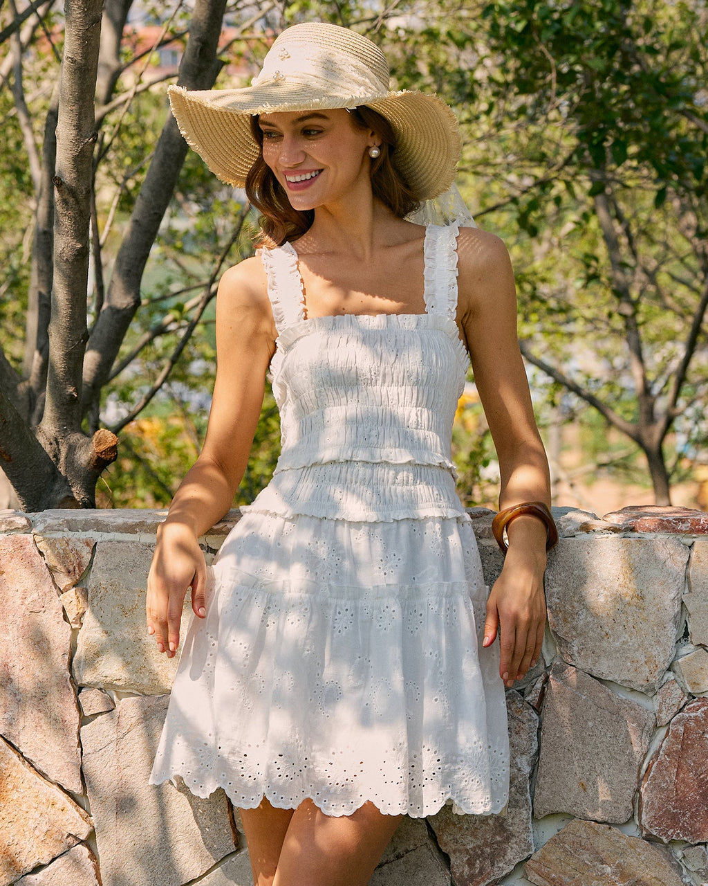 White Shirred Mini Dress with Square Neckline