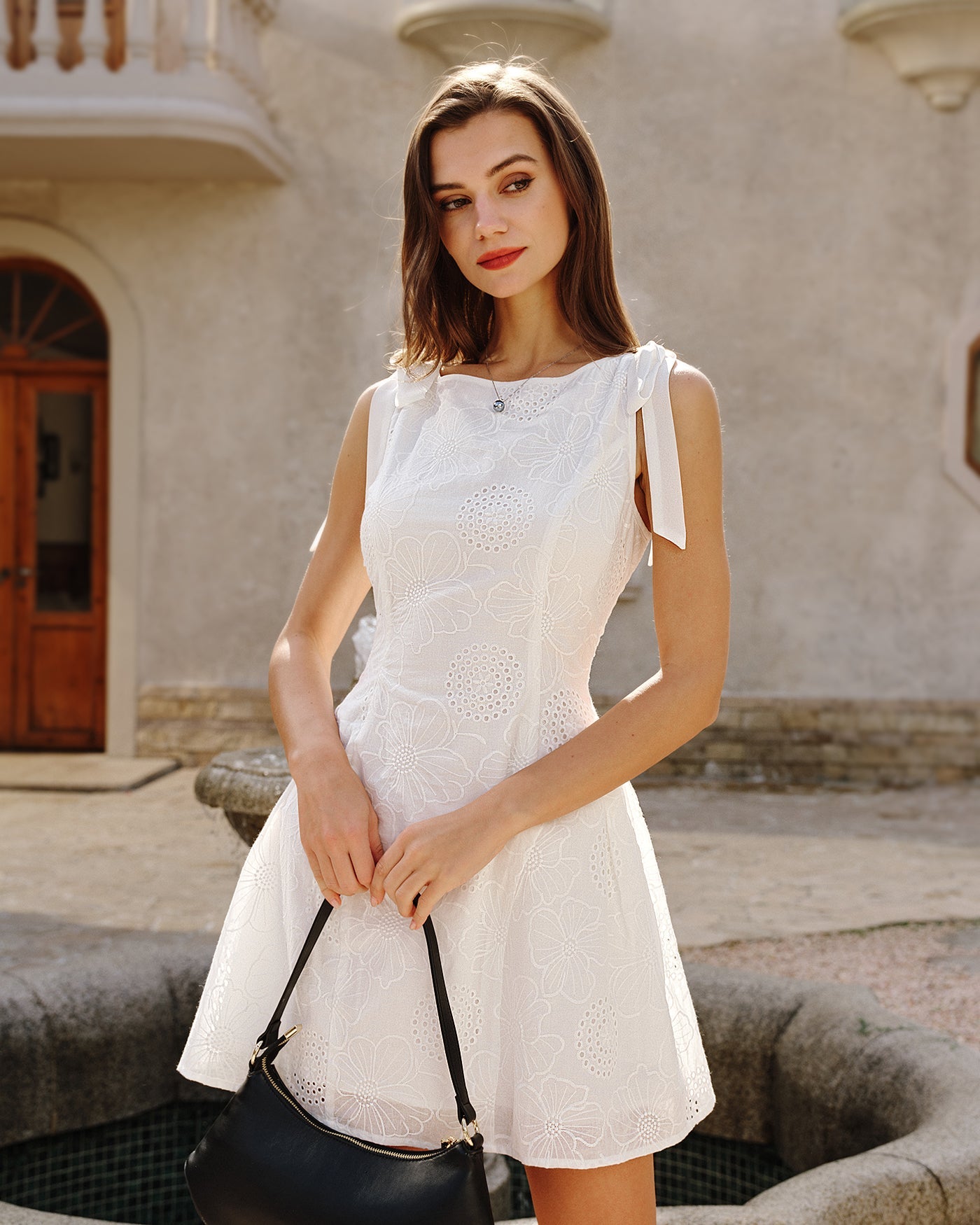 Textured Mini Dress with White Floral Design