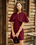 Wine Red Mini Dress with Cape Sleeves and Pockets