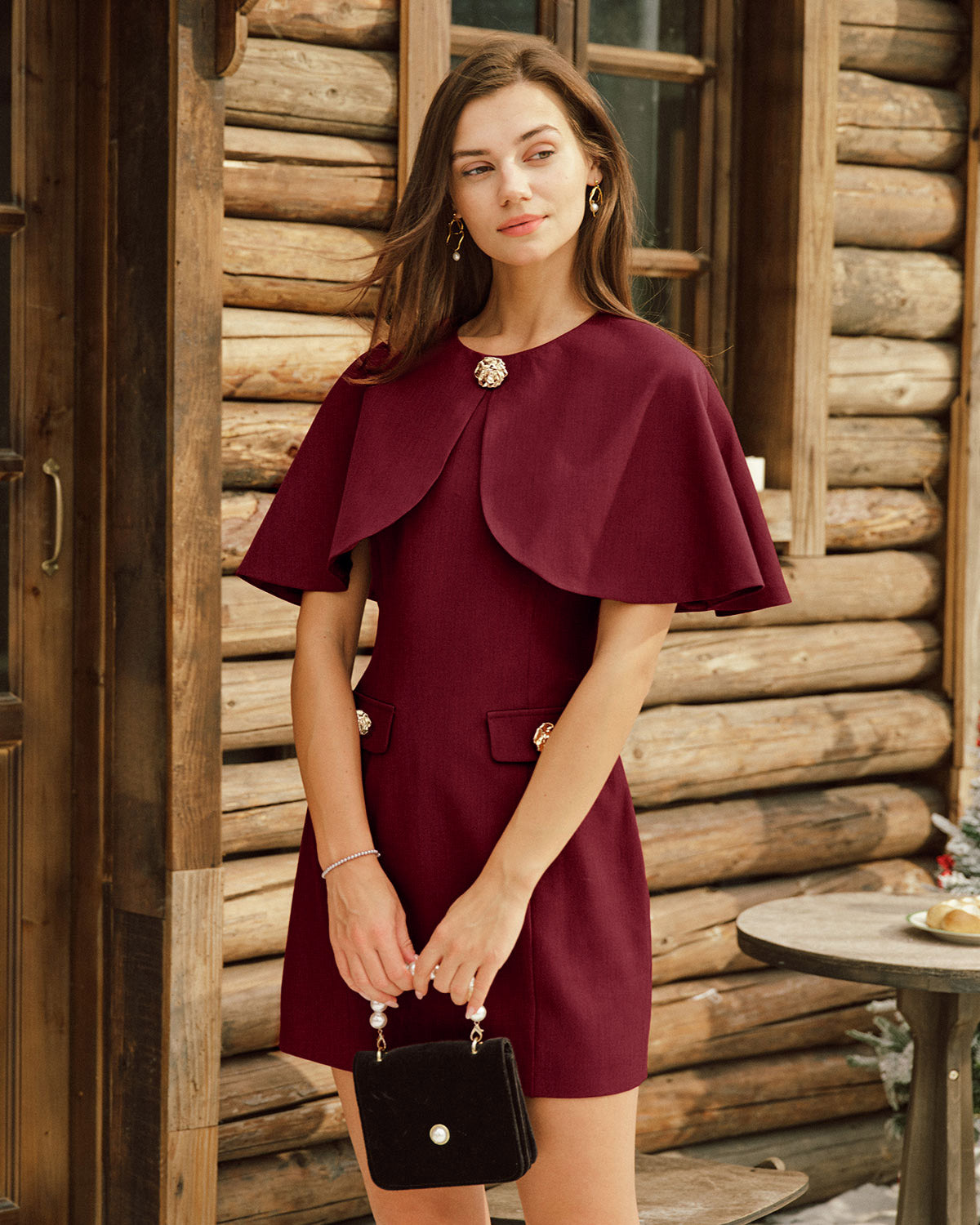 Wine Red Mini Dress with Cape Sleeves and Pockets