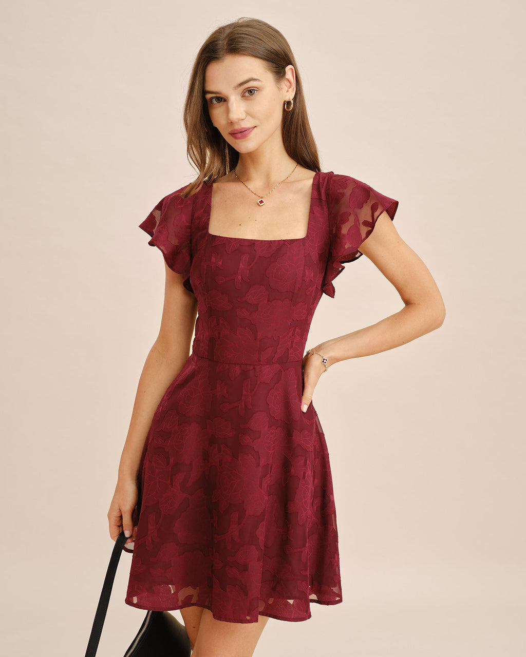Wine Red Jacquard Mini Dress with Square Neckline