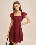 Wine Red Jacquard Mini Dress with Square Neckline