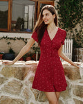 Wine Red V-Neck Mini Dress with Polka Dots