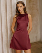 Backless Mini Dress in Wine Red Satin with Cowl Neck