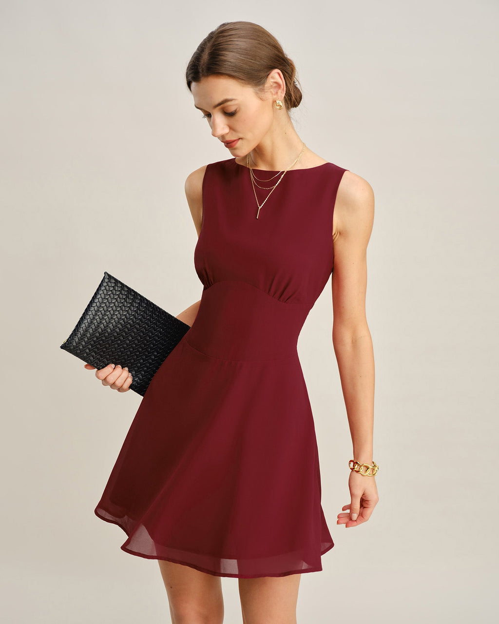Wine Red Pleated Mini Dress with Boat Neck