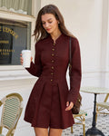 Wine Red Pleated Mini Dress with Button Detail