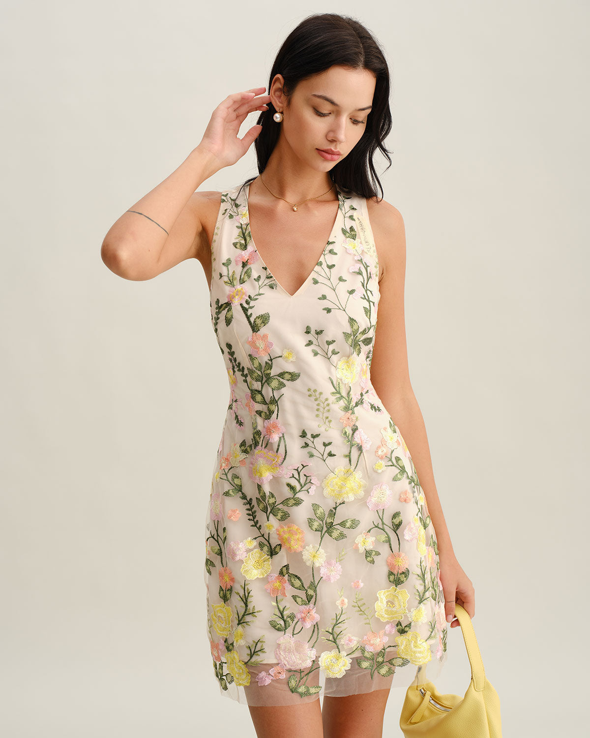 Floral Sleeveless Mini Dress in Yellow with V-Neck