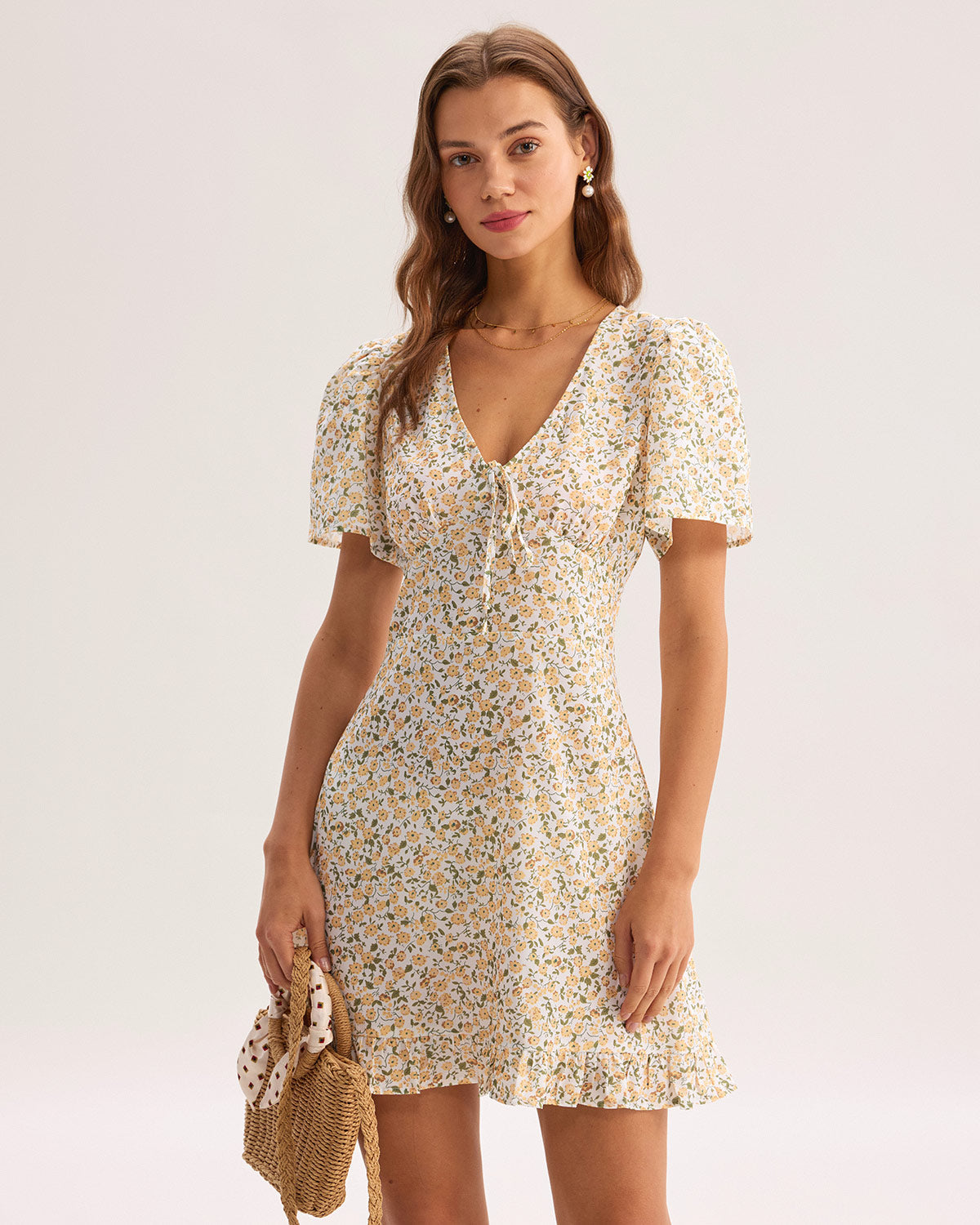 Floral V-Neck Mini Dress in Yellow