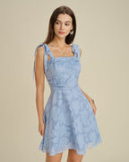 Jacquard Mini Dress with Blue Square Neck and Tie Straps