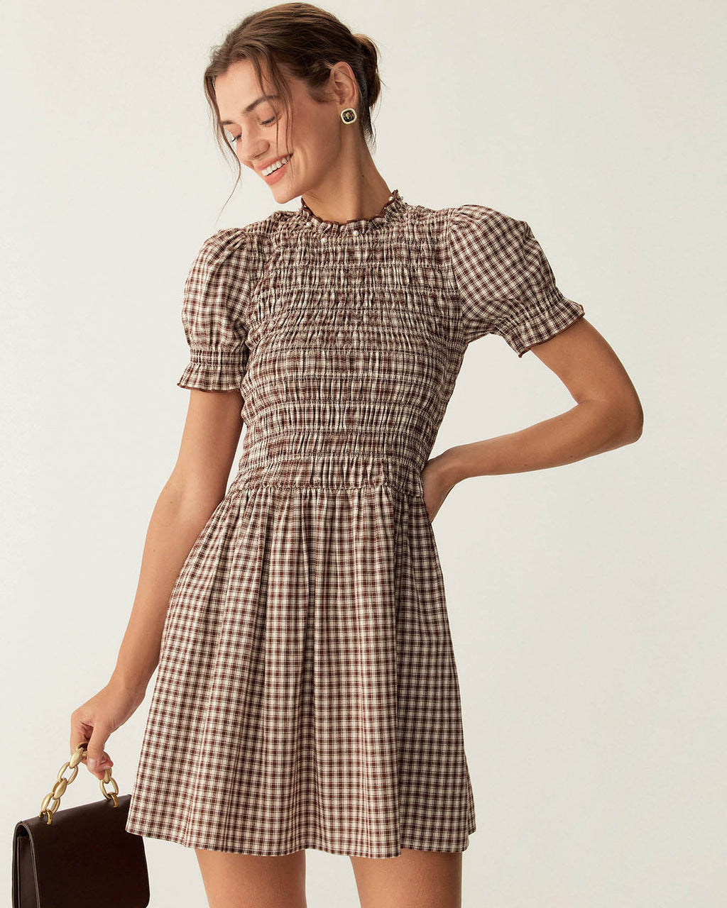 Coffee Check Puffed Sleeve Mini Dress