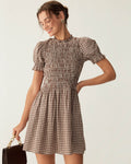 Coffee Check Puffed Sleeve Mini Dress