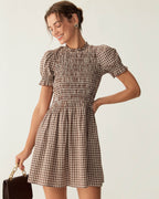 Coffee Check Puffed Sleeve Mini Dress