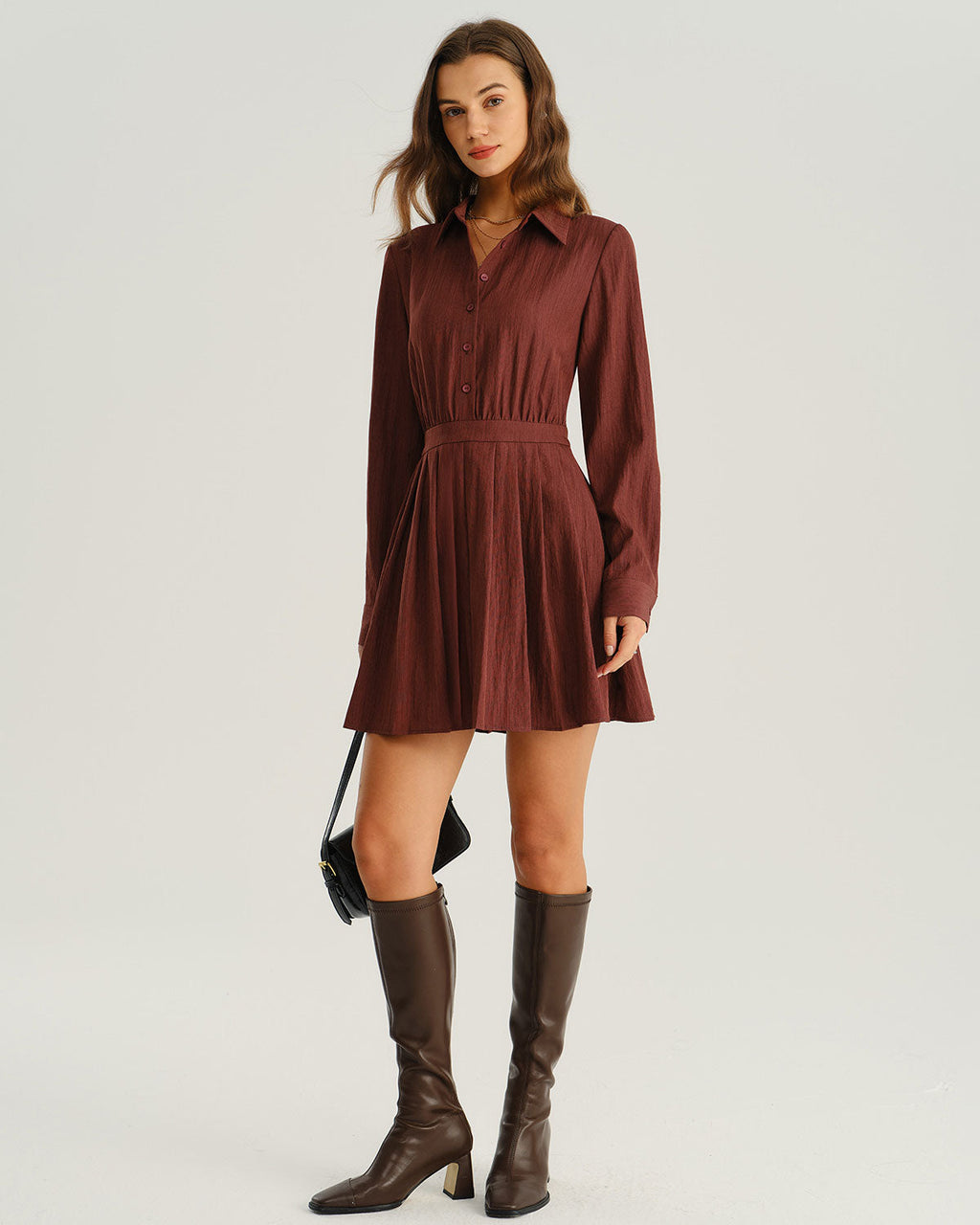 Brick Red Pleated A-Line Mini Dress
