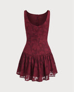 Red Jacquard A-Line Mini Dress with Boat Neck