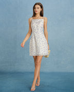 Floral Mini Dress with Purple Square Neck Design