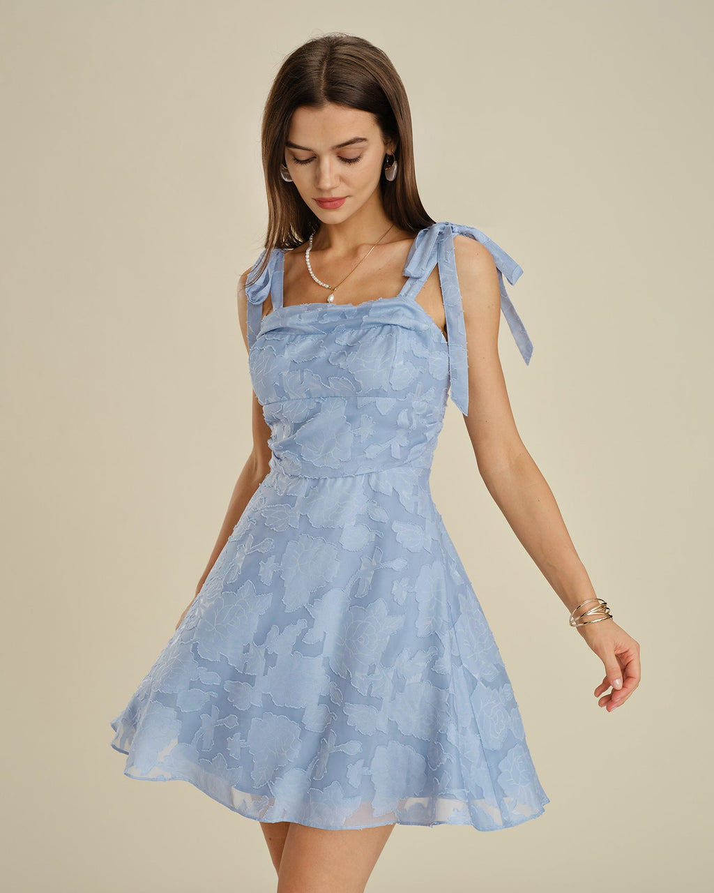 Jacquard Mini Dress with Blue Square Neck and Tie Straps