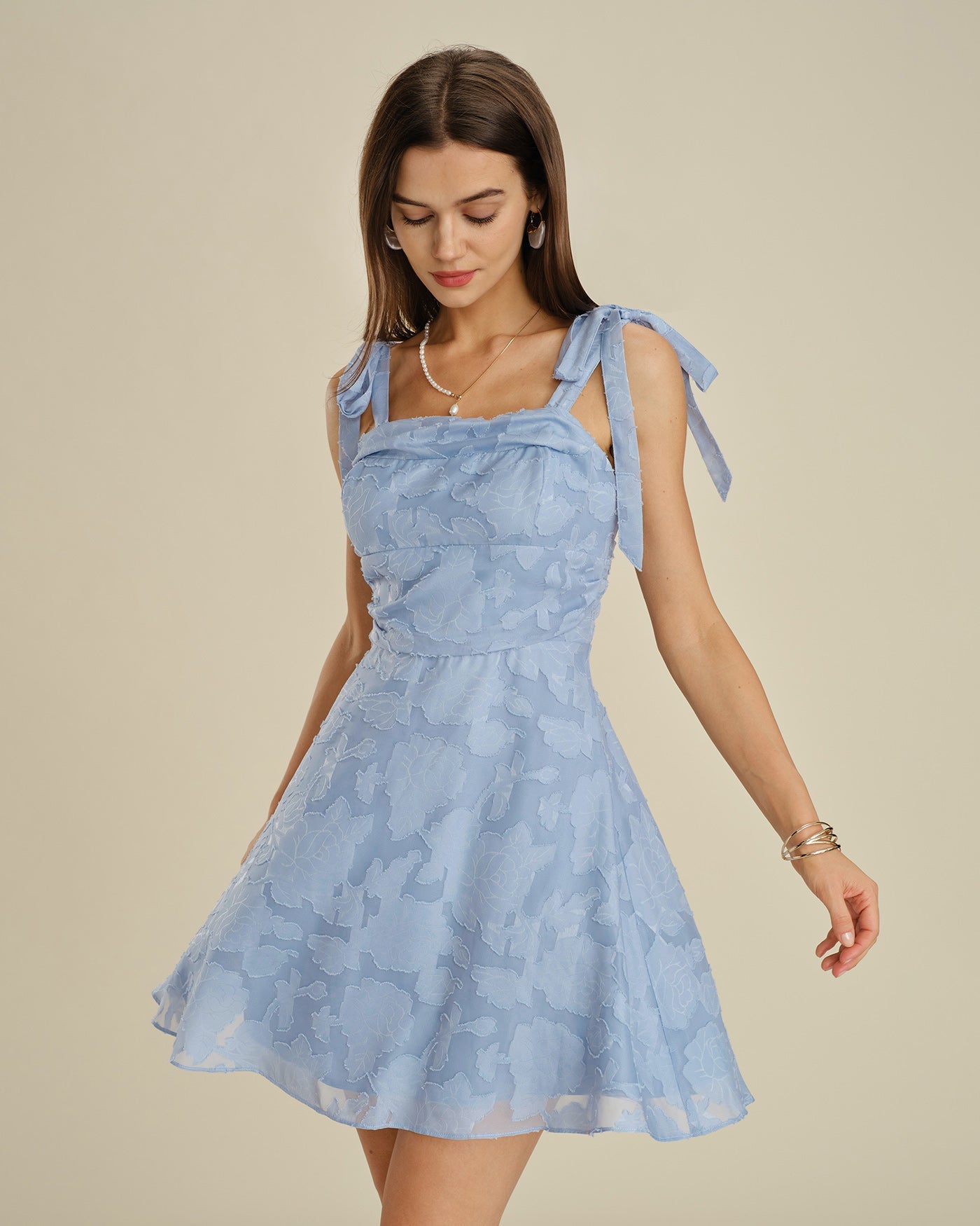 Jacquard Mini Dress with Blue Square Neck and Tie Straps
