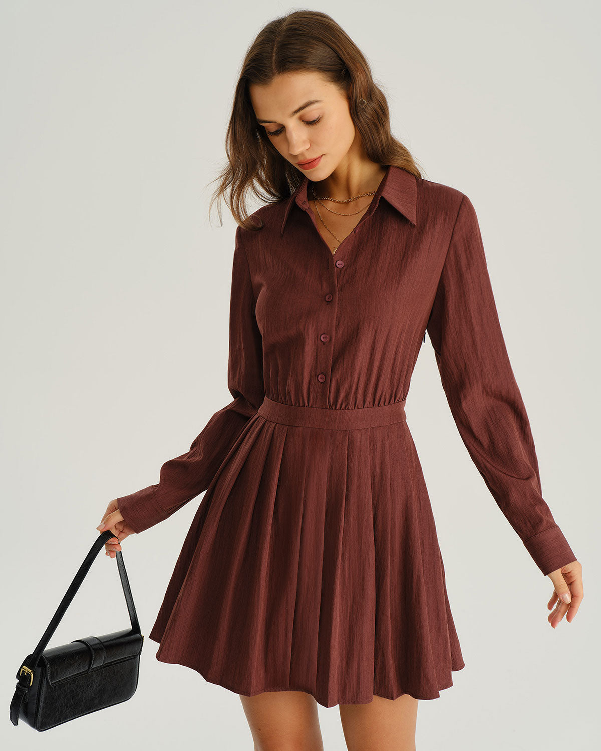 Brick Red Pleated A-Line Mini Dress