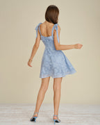 Jacquard Mini Dress with Blue Square Neck and Tie Straps