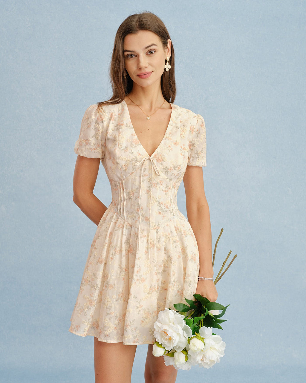 Floral Mini Dress with Orange V-Neck and Tie Detail