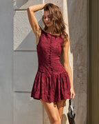 Red Jacquard A-Line Mini Dress with Boat Neck