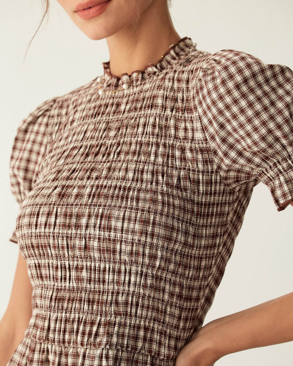 Coffee Check Puffed Sleeve Mini Dress
