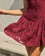 Red Jacquard A-Line Mini Dress with Boat Neck