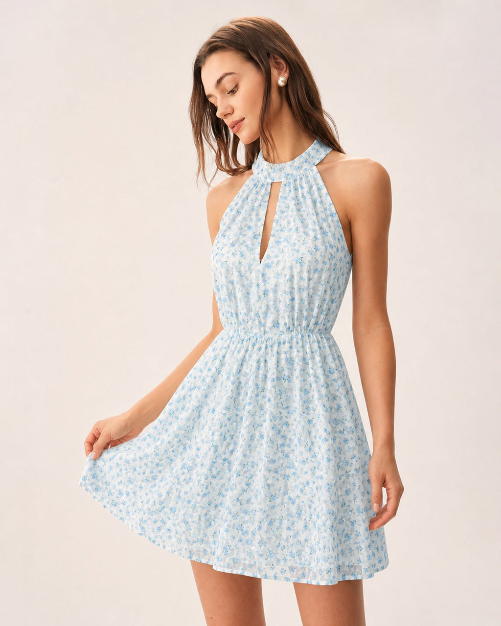 Floral Mini Dress with Blue Mock Neck and Cut-Out Details