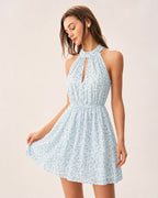 Floral Mini Dress with Blue Mock Neck and Cut-Out Details